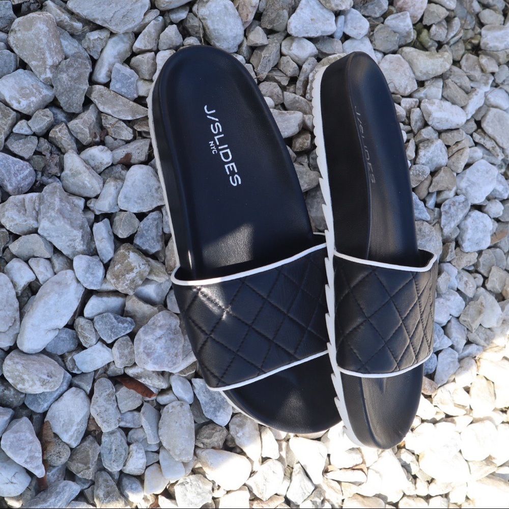 J/Slides Leather Open Toe Shoe Sz 7.5 Blk/Wht GUC